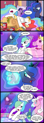 Size: 713x2000 | Tagged: safe, artist:madmax, princess celestia, princess luna, twilight sparkle, twilight sparkle (alicorn), alicorn, pony, angry, body pillow, bravest warriors, champagne, chips, comic, crossover, cuckolding, doctor lollipop, dream, dream walker luna, female, food, hot tub, mare, pizza, sleeping, soda