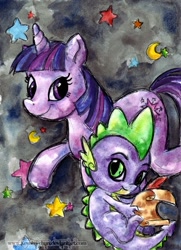 Size: 470x650 | Tagged: safe, artist:keyshakitty, derpibooru import, spike, twilight sparkle, dragon, pony, unicorn, abstract background, duo, female, male, mare, scroll, smiling, traditional art, watercolor painting