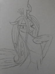 Size: 774x1032 | Tagged: safe, artist:kevinshell12, queen chrysalis, changeling, changeling queen, looking at you, monochrome, solo