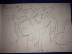 Size: 3264x2448 | Tagged: safe, artist:kevinshell12, queen chrysalis, oc, oc:poisoned soul, changeling, changeling queen, canon x oc, kissing, monochrome, shipping, surprise kiss