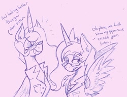 Size: 1024x785 | Tagged: safe, artist:wirelesspony, princess celestia, princess luna, alicorn, pony, dialogue, glasses, monochrome