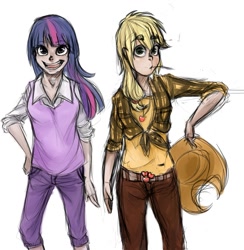 Size: 1355x1391 | Tagged: safe, artist:shirl-ame, derpibooru import, applejack, twilight sparkle, human, duo, duo female, female, humanized