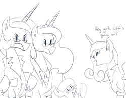 Size: 500x389 | Tagged: safe, artist:goat train, princess cadance, princess celestia, princess luna, twilight sparkle, twilight sparkle (alicorn), alicorn, pony, alicorn tetrarchy, female, glasses, mare, monochrome