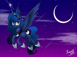 Size: 1024x761 | Tagged: safe, artist:pxoenix2014, princess luna, alicorn, pony, flying, looking at you, moon, night, smiling, solo