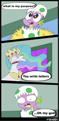 Size: 643x1309 | Tagged: dead source, safe, artist:hydoyezen, princess celestia, spike, alicorn, dragon, pony, baby spike, comic, dialogue, egg, parody, reference, rick and morty, something ricked this way comes