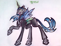 Size: 2048x1536 | Tagged: dead source, safe, artist:technicolor-confetti, queen chrysalis, changeling, changeling queen, female, solo, traditional art