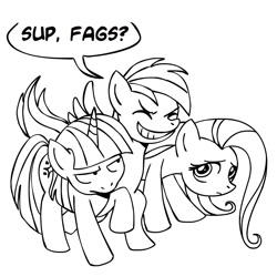 Size: 945x945 | Tagged: safe, artist:megasweet, derpibooru import, fluttershy, rainbow dash, twilight sparkle, pegasus, pony, unicorn, annoyed, faggot, female, grin, hug, mare, monochrome, slur, smiling, vulgar