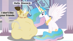 Size: 1275x717 | Tagged: safe, discord, princess celestia, alicorn, pony, female, horn, mare, sack, solo