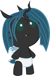 Size: 556x835 | Tagged: safe, artist:megarainbowdash2000, queen chrysalis, changeling, changeling queen, pony, baby, baby pony, bipedal, cute, cutealis, diaper, fangs, foal, simple background, smiling, solo, transparent background, vector