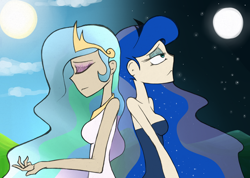 Size: 1494x1065 | Tagged: safe, artist:tigerdehavilland, princess celestia, princess luna, human, clothes, day, dress, humanized, night