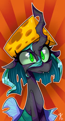 Size: 564x1047 | Tagged: safe, artist:kaliptro, queen chrysalis, changeling, changeling queen, cheese, cheese hat, female, hat, solo, sunburst background