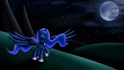 Size: 3200x1800 | Tagged: safe, artist:irigulus, princess luna, alicorn, pony, field, moon, night, solo