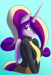 Size: 1666x2450 | Tagged: safe, artist:hazama, artist:zev, princess cadance, anthro, breasts, clothes, colored, female, hoofbeat, hoofbeat 2, necktie, ponytail, princess cansdance, shirt, skirt, smiling, sweater, tongue out