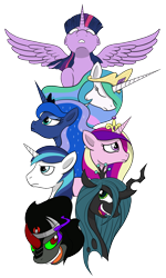 Size: 800x1336 | Tagged: safe, artist:donzatch, king sombra, princess cadance, princess celestia, princess luna, queen chrysalis, shining armor, twilight sparkle, twilight sparkle (alicorn), alicorn, changeling, changeling queen, pony, unicorn, female, mare, simple background