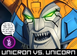 Size: 1072x785 | Tagged: safe, derpibooru import, twilight sparkle, pony, unicorn, crossover, duo, female, magic, mare, pun, transformers, unicorn-unicron confusion, unicron