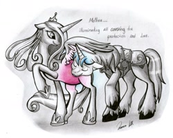 Size: 2144x1711 | Tagged: safe, artist:allocen, princess cadance, shining armor, alicorn, pony, unicorn, female, horn, male, mare, pregnant, stallion