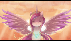 Size: 1024x600 | Tagged: dead source, safe, artist:loyaldis, princess cadance, alicorn, pony, crown, eyes closed, female, jewelry, rain, regalia, solo, spread wings, wings