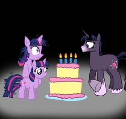 Size: 850x800 | Tagged: safe, derpibooru import, twilight sparkle, pony, unicorn, birthday cake, cake, female, filly, filly twilight sparkle, food, mare, messy mane, self ponidox, twilight unbound, werelight shine