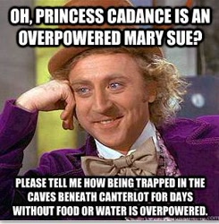 Size: 309x315 | Tagged: safe, princess cadance, barely pony related, condescending wonka, drama, image macro, mary sue, meme, text