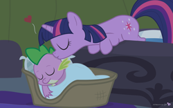 Size: 1280x800 | Tagged: safe, artist:dm29, derpibooru import, spike, twilight sparkle, dragon, pony, unicorn, bed, duo, eyes closed, female, golden oaks library, kiss on the cheek, kissing, male, mama twilight, mare, spikelove