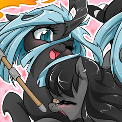 Size: 500x500 | Tagged: safe, artist:reavz, queen chrysalis, oc, oc:blazing saddles, changeling, changeling queen, nymph, pony, bandaid, blushing, cute, cutealis, duo, duo female, earring, eyes closed, female, harmless-chryssii, ocbetes, one eye closed, open mouth, smiling, wink