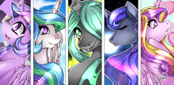 Size: 2000x982 | Tagged: safe, artist:the0ne-u-lost, princess cadance, princess celestia, princess luna, queen chrysalis, twilight sparkle, twilight sparkle (alicorn), alicorn, changeling, changeling queen, pony, female, mare, sparkles