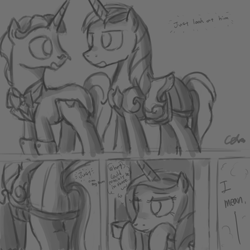 Size: 1024x1024 | Tagged: safe, artist:cs, fancypants, princess cadance, shining armor, alicorn, pony, unicorn, comic:day-off, comic, monochrome