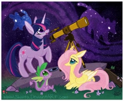 Size: 866x705 | Tagged: safe, artist:shivita, derpibooru import, fluttershy, spike, twilight sparkle, dragon, pegasus, pony, unicorn, female, hair over one eye, male, mare, night, telescope