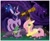 Size: 866x705 | Tagged: safe, artist:shivita, derpibooru import, fluttershy, spike, twilight sparkle, dragon, pegasus, pony, unicorn, female, hair over one eye, male, mare, night, telescope