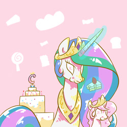 Size: 2000x2000 | Tagged: safe, artist:joycall6, princess celestia, alicorn, pony, cake, cakelestia, filly, self ponidox