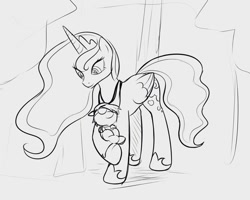 Size: 999x799 | Tagged: safe, artist:drawponies, pipsqueak, princess luna, alicorn, pony, holding a pony, maternaluna, monochrome, pirate, sketch