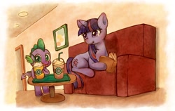 Size: 1181x748 | Tagged: safe, artist:hobilo, derpibooru import, spike, twilight sparkle, dragon, pony, unicorn, book, drink, duo, female, male, mare, pixiv, prone, smiling, sofa, starbucks, table