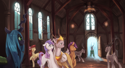 Size: 1280x695 | Tagged: safe, artist:fruitbloodmilkshake, apple bloom, queen chrysalis, scootaloo, sweetie belle, oc, changeling, changeling queen, deer, cutie mark crusaders, older