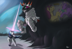 Size: 3491x2389 | Tagged: safe, artist:keilink, king sombra, princess cadance, shining armor, oc, alicorn, pony, umbrum, unicorn, dark magic, epic, fight, foal, magic, parent, shadow, sombra eyes, younger