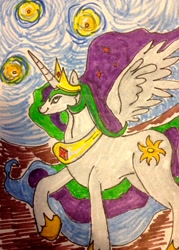 Size: 2337x3264 | Tagged: safe, artist:snow, princess celestia, alicorn, pony, female, horn, mare, multicolored mane, solo, traditional art, white coat