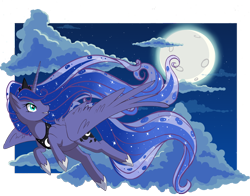 Size: 770x605 | Tagged: safe, artist:lethalpepsi, princess luna, alicorn, pony, cloud, cloudy, flying, moon, solo