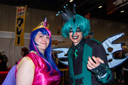 Size: 2785x1852 | Tagged: artist needed, safe, king metamorphosis, queen chrysalis, twilight sparkle, twilight sparkle (alicorn), alicorn, human, 2014, convention, cosplay, irl, irl human, london mcm expo, photo, rule 63