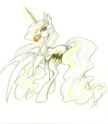 Size: 1024x1180 | Tagged: safe, artist:creeate97, princess celestia, bat pony, pony, apple, bedroom eyes, licking, looking at you, looking back, magic, open mouth, race swap, raised hoof, smiling, solo, spread wings, sunbat, telekinesis, tongue out, traditional art