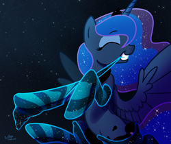 Size: 1400x1177 | Tagged: safe, artist:darkflame75, princess luna, alicorn, pony, clothes, eyes closed, female, lunadoodle, mare, mouth hold, socks, solo, striped socks