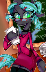 Size: 572x898 | Tagged: safe, artist:kaliptro, queen chrysalis, changeling, changeling queen, semi-anthro, clothes, dress, glasses, solo, teacher