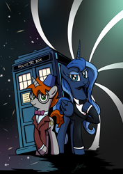 Size: 2894x4093 | Tagged: dead source, safe, artist:lovelyneckbeard, princess luna, oc, oc:orion, alicorn, pony, clothes, doctor who, fez, hat, tardis, tuxedo