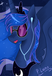 Size: 1836x2644 | Tagged: safe, artist:herusann, princess luna, alicorn, pony, accessory swap, earbuds, solo, spread wings, sunglasses