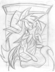 Size: 1256x1647 | Tagged: safe, artist:crestfallencelestia, princess luna, alicorn, pony, bed, eyes closed, monochrome, pillow, sketch, sleeping, solo, traditional art