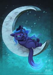 Size: 900x1274 | Tagged: safe, artist:elbdot, princess luna, cat, :c, crescent moon, floppy ears, frown, grumpy, moon, on back, princess mewna, solo, species swap, tangible heavenly object, unamused