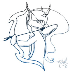 Size: 1000x1000 | Tagged: safe, artist:midnightsix3, princess luna, alicorn, pony, archer, arrow, bipedal, bow (weapon), bow and arrow, curved horn, dexterous hooves, lunadoodle, monochrome, solo, weapon