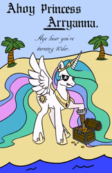 Size: 1650x2550 | Tagged: safe, artist:bees, princess celestia, alicorn, pony, amputee, birthday card, peg leg, pirate, prosthetic leg, prosthetic limb, prosthetics, solo