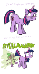 Size: 687x1288 | Tagged: safe, artist:shoutingisfun, derpibooru import, spike, twilight sparkle, dragon, pony, unicorn, blushing, comic, duo, face fart, fart, fart noise, female, male, mare, raised tail, tail, toilet humor, twilight fartle