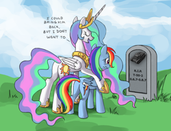 Size: 910x700 | Tagged: safe, artist:php58, edit, princess celestia, rainbow dash, alicorn, pegasus, pony, bitchlestia, butt, celestia's grave meme, exploitable meme, female, implied death, mare, meme, plot, tank (vehicle), world of tanks