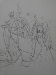 Size: 3120x4160 | Tagged: safe, artist:kevinshell12, queen chrysalis, oc, oc:poisoned soul, changeling, changeling queen, canon x oc, changelingified, heart, monochrome, shipping, traditional art