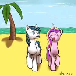 Size: 900x900 | Tagged: safe, artist:draneas, princess cadance, shining armor, alicorn, pony, unicorn, beach, happy, honeymoon, ocean